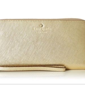 Kate Spade Gold metallic full size zip Wallet with Phone Storage & wrist strap